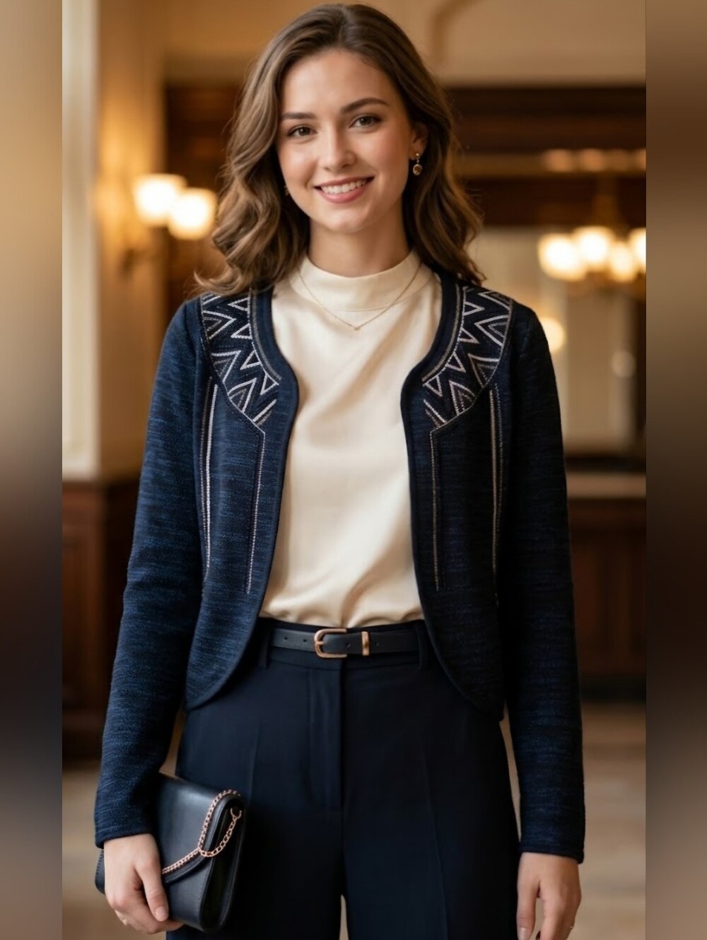 Navy Embroidered Open-Front Women's Jacket